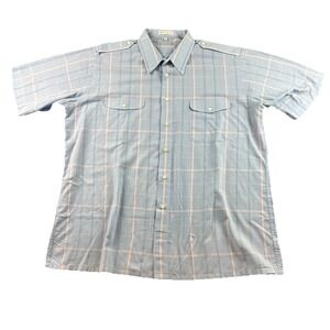 Vintage Christian Dior Button Up Shirt Mens XL Blue Plaid Epaulets Pockets